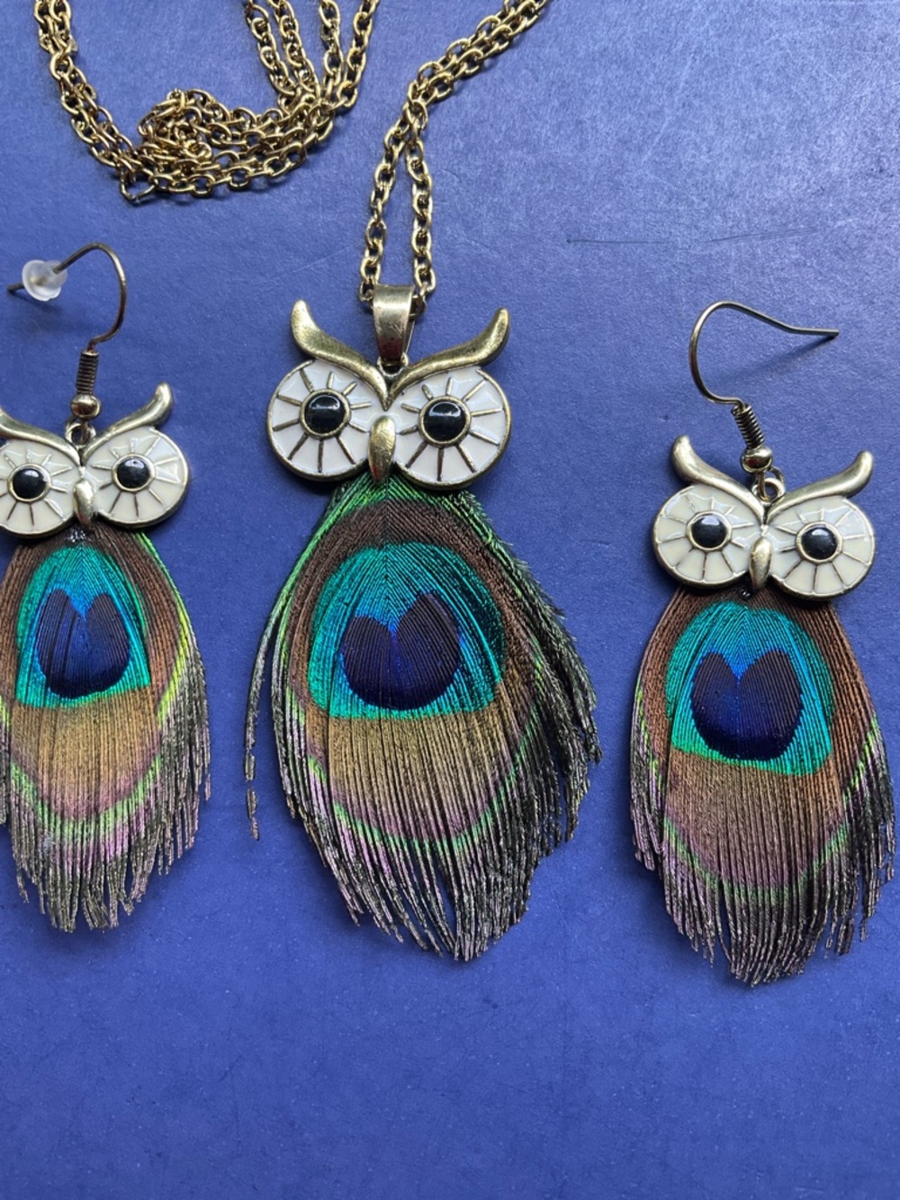 Peacock feather owl jewelry set - Picture 2 of 5